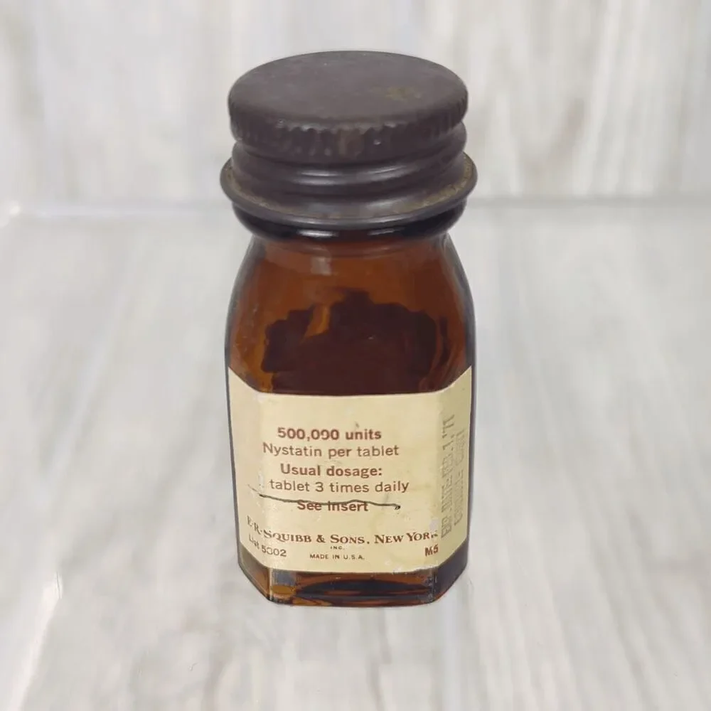 Vintage 1971 Squibb Pharmacy Nystatin Tablets Empty Glass Container